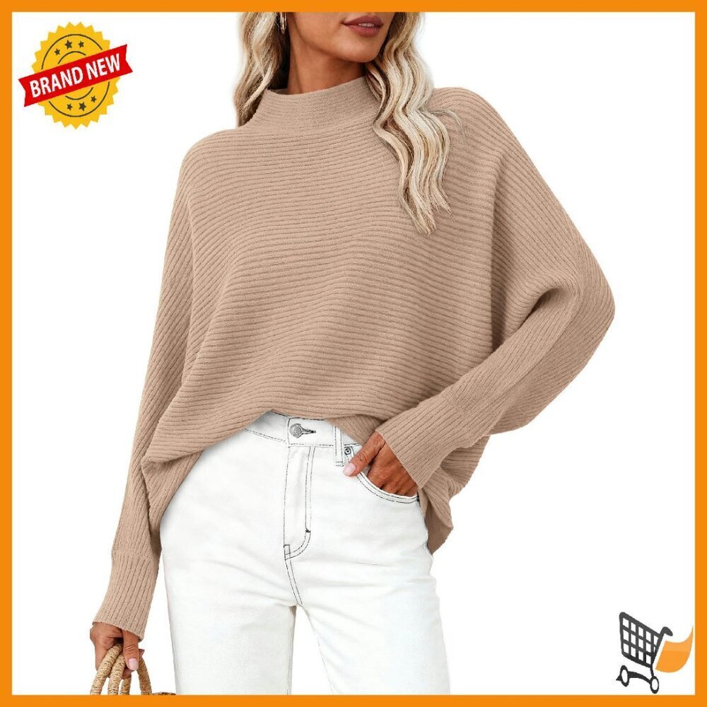 Women's Batwing Sleeve Pullover Sweater Ribbed Knit Mock Neck Cozy